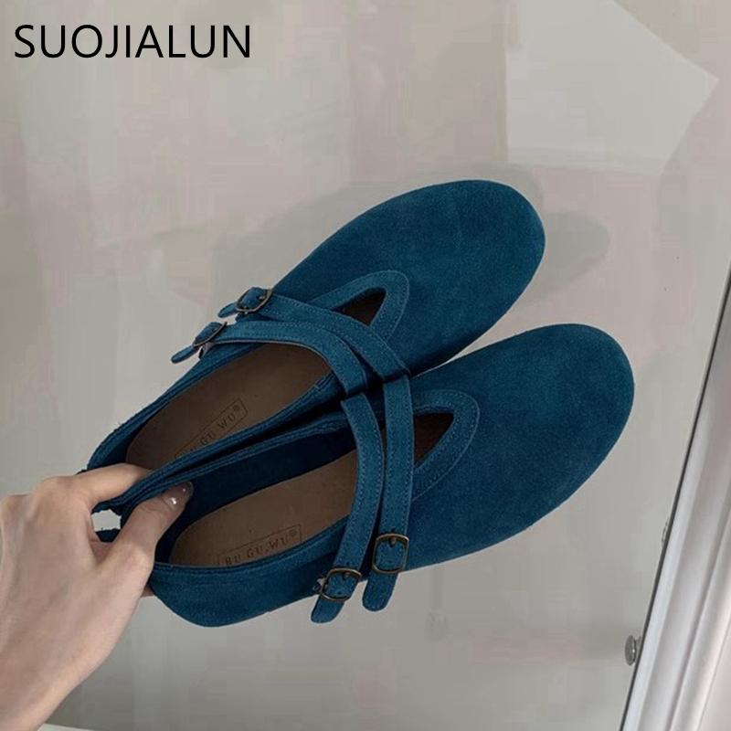 Fashion SUOJIALUN 2025 New Brand Women Flat Shoes Fashion Red Round Toe Ladies Mary Jane Shoes Flat Heel Genuine Leather Single Shoes