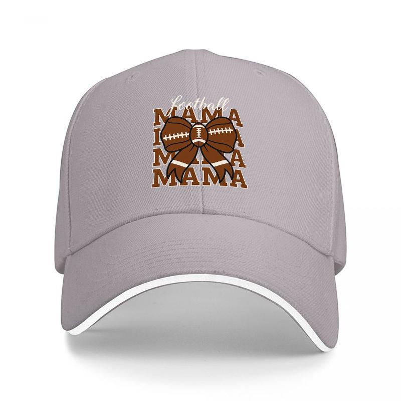 Football Mama Logo Black Baseball Cap with Brown Football Design and White Trim for Sports Fans and Team Supporters