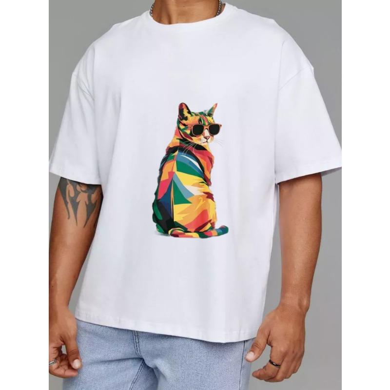 Crewneck T Shirt White Colorful Cat with Sunglasses Print Casual Wear for Men and Women