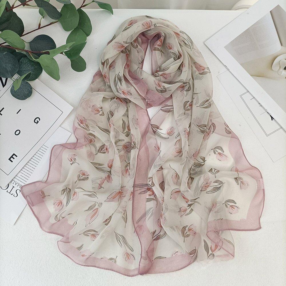 Summer Magnolia Printing Chiffon Silky Georgette Scarf Women Printing Long Soft Wrap Shawl Beach Kerchief Scarves Female Foulard