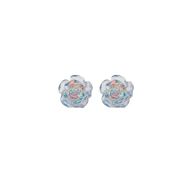 PONYKISS Silver Colorful Rose Cute Plant Stud Earring for Women Minimalist Fine Piercing Screw Bead Accessories