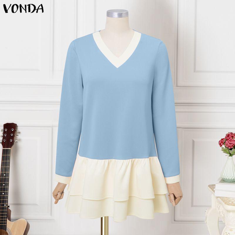 VONDA Women Casual V Neck Long Sleeve Patchwork Ruffled Dress
