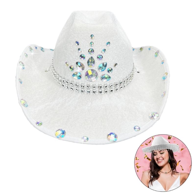 Rhinestones Cowboy Hat for Women Breathable Wide Brims Beach Hat Music Festival Hat Bachelorettes Party Nightclub Hat