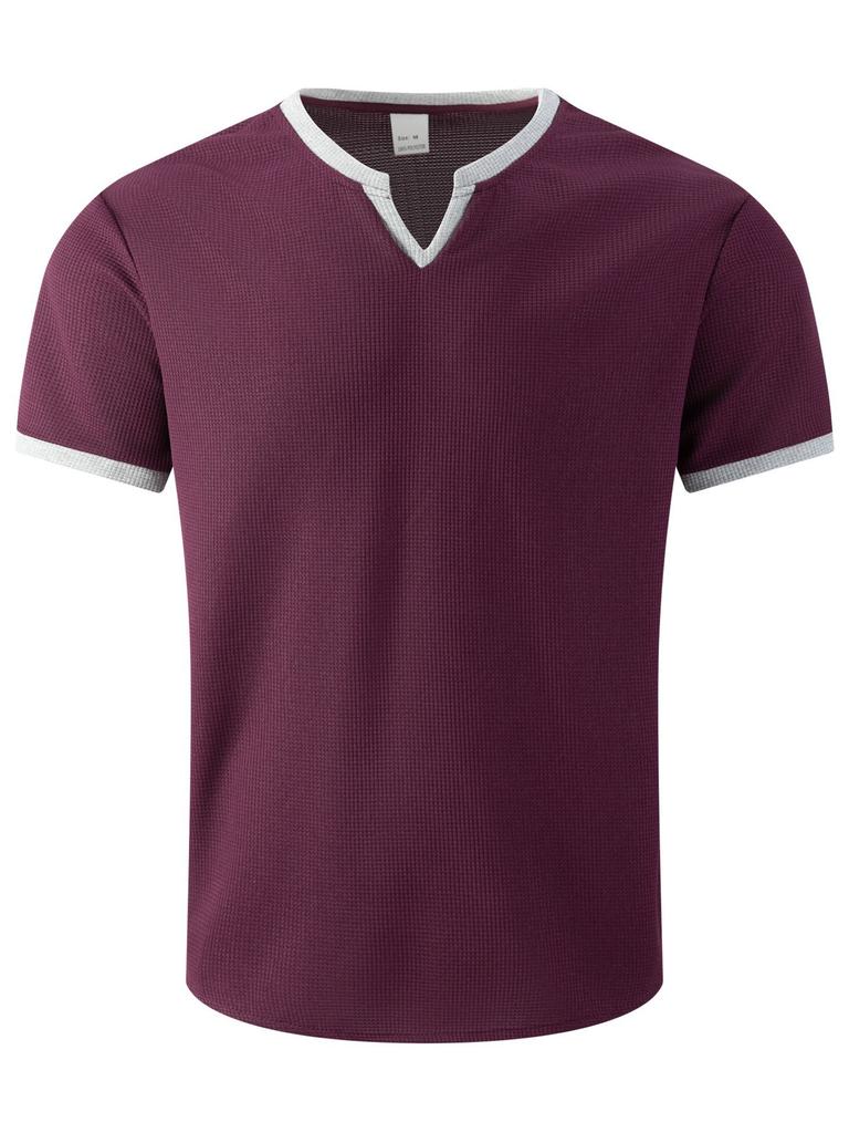 Mens Waffle Solid Color V Neck Short Sleeve Loose Casual T Shirt Mens Tops
