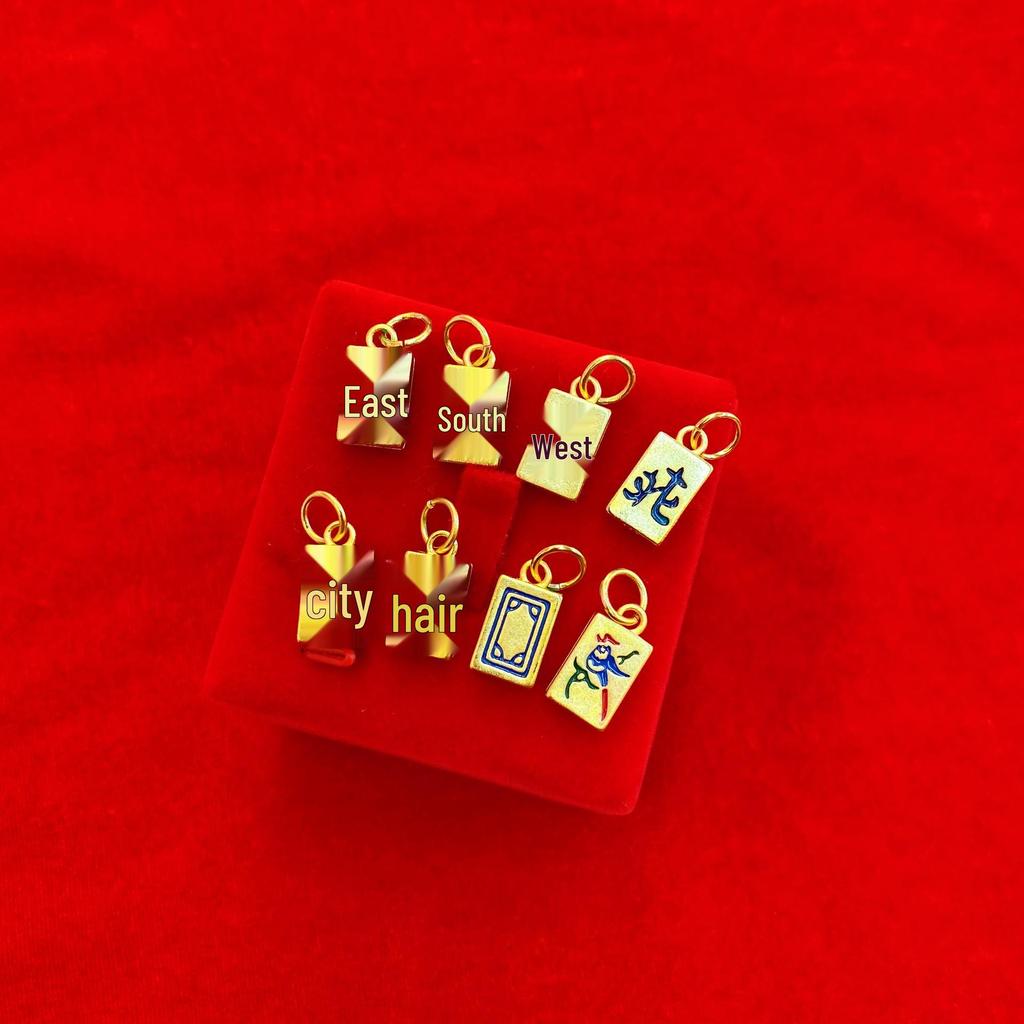 Vietnam Sand Gold Mahjong Pendant - National Tide Style, Square Tile Design, Brass Gold Plated with Colorful Enamel for Fashionable Ladies