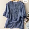 Short-sleeved summer new literary and retro loose design sense embroidery round neck thin cotton and linen women's top