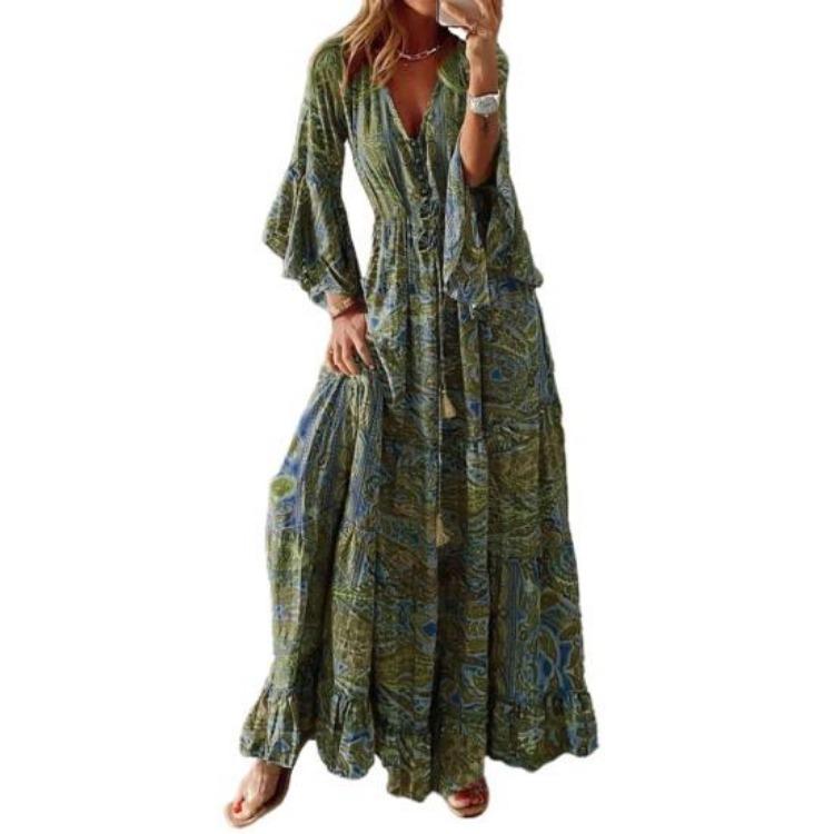 Damen Böhmisches Maxi-Kleid Bunter Druck V-Ausschnitt Hohe Taille Lockerer Saum Patchwork Übergröße Strandkleid Trompetenärmel Damenkleidung