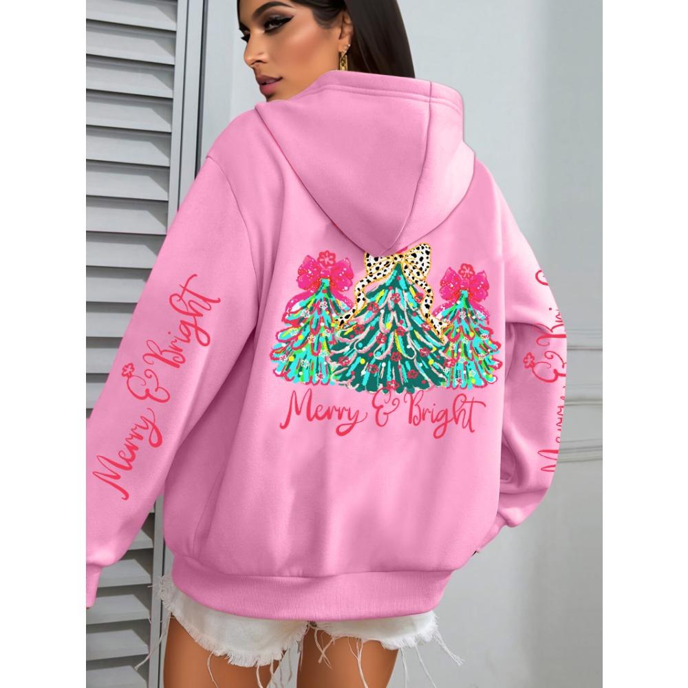 

Счастливого Рождества Женские худи с ярким принтом деревьев Свободные повседневные худи Осень Y2K Карман Уличная одежда Всепогодная одежда XL