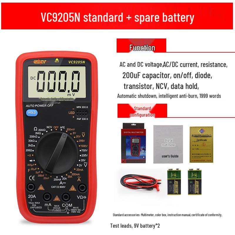 Shengde DT9205N High-Precision Digital Multimeter with Anti-Burn Protection and Auto Power-Off