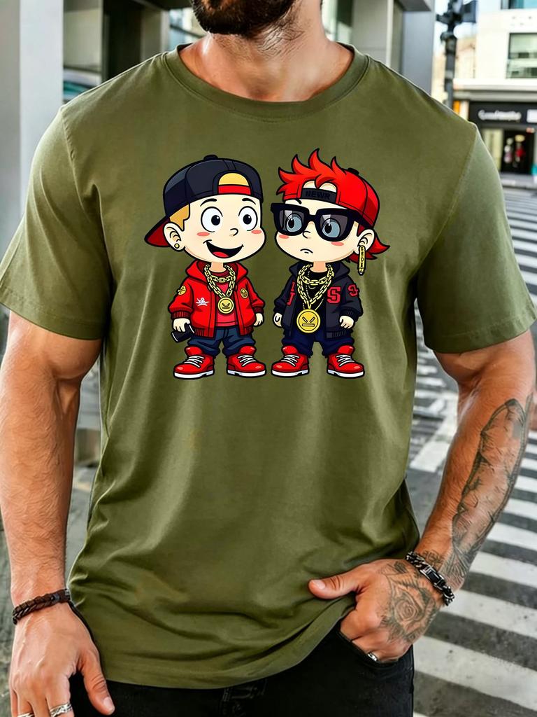 Unisex Soft Cotton Crew Neck Tee Two Hip Hop Cartoon Boys With Gold Chain Print Loose Streetwear Daily Travel Party Outdoor Tops