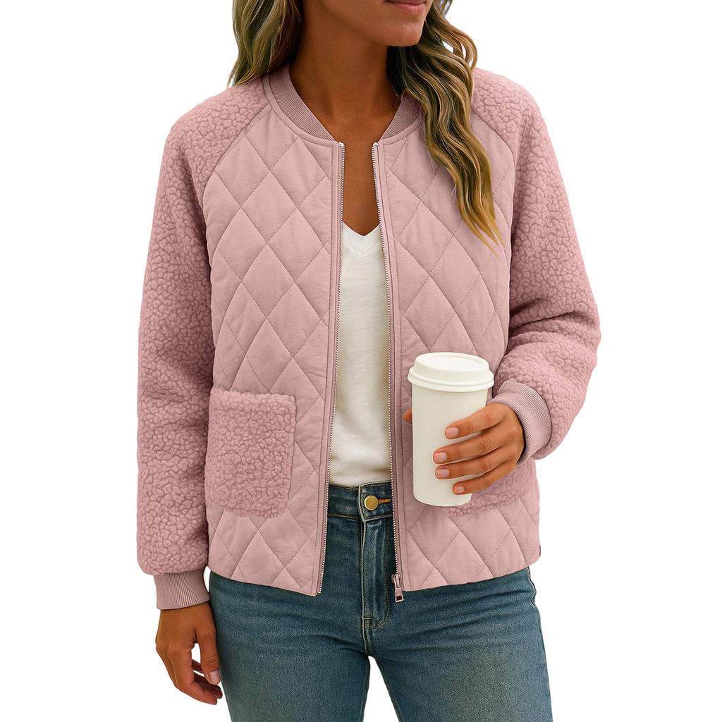 Women's Solid Color Long Sleeved Plaid Thickened BBaseball Jacket Jacket