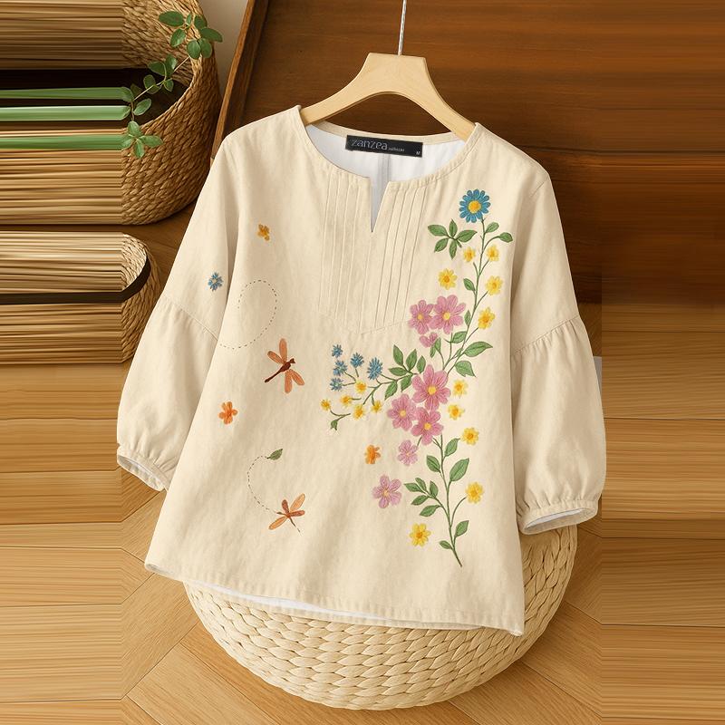 

ZANZEA Женская повседневная блузка с V-образным вырезом, рукавом 3/4 и свободным цветочным принтом S абрикосовый