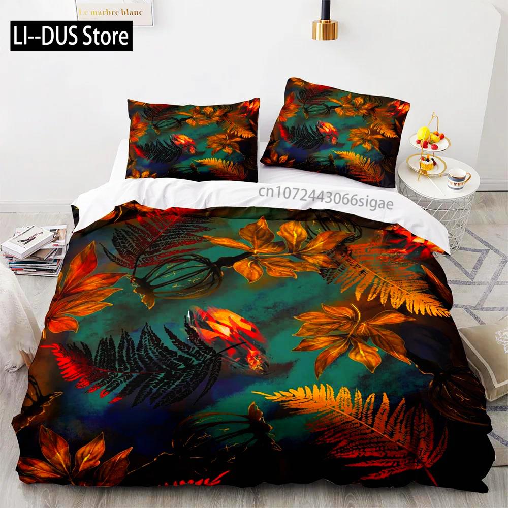 Tropische Pflanzen Floral King Queen Bettbezug Grün Palmblätter Bettwäscheset Cremefarbene Blumen 2/3-teilig Polyester Steppdecke