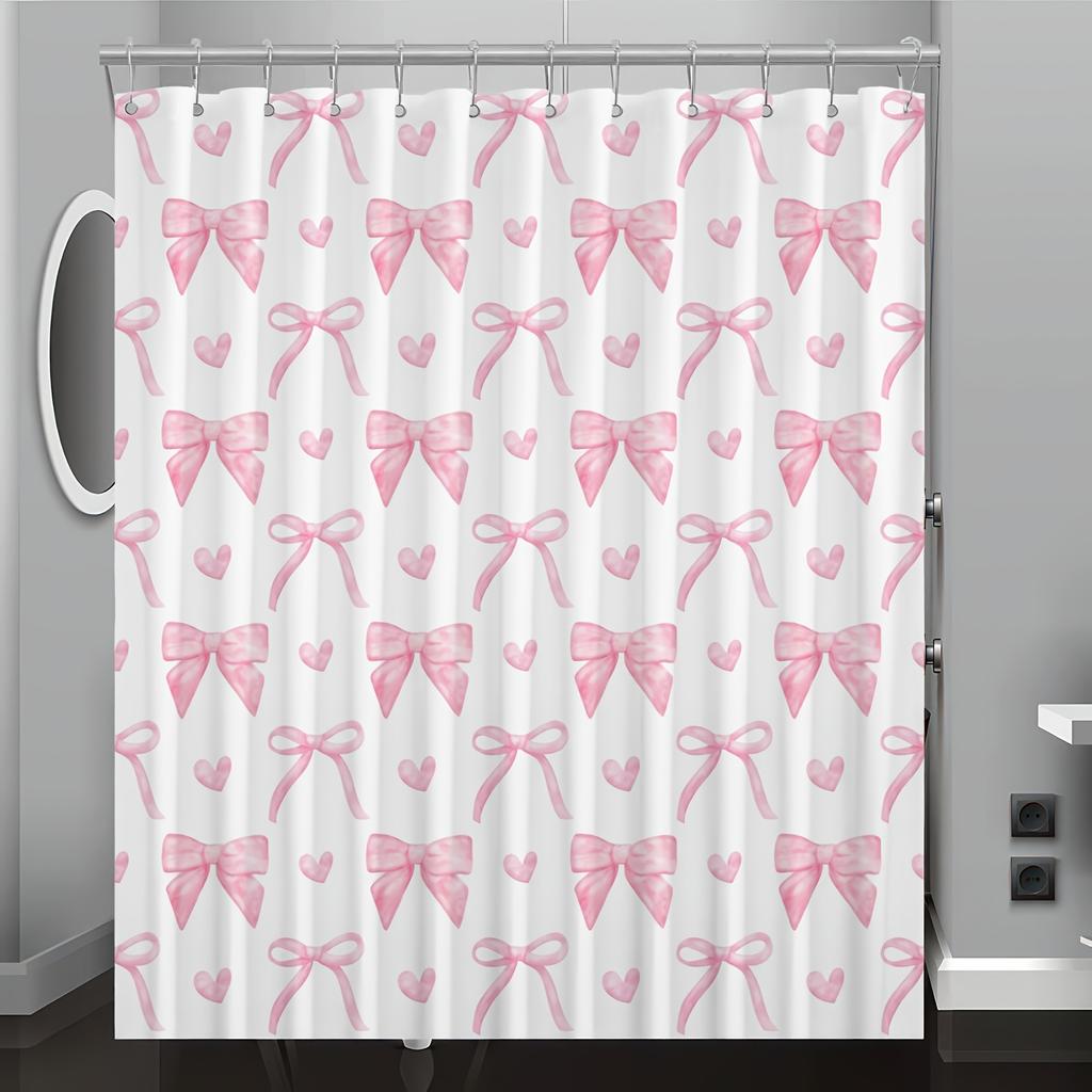 Charming Pink Bow and Heart Shower Curtain for a Sweet, Whimsical Bathroom Decor Theme that Adds a Touch of Playfulness