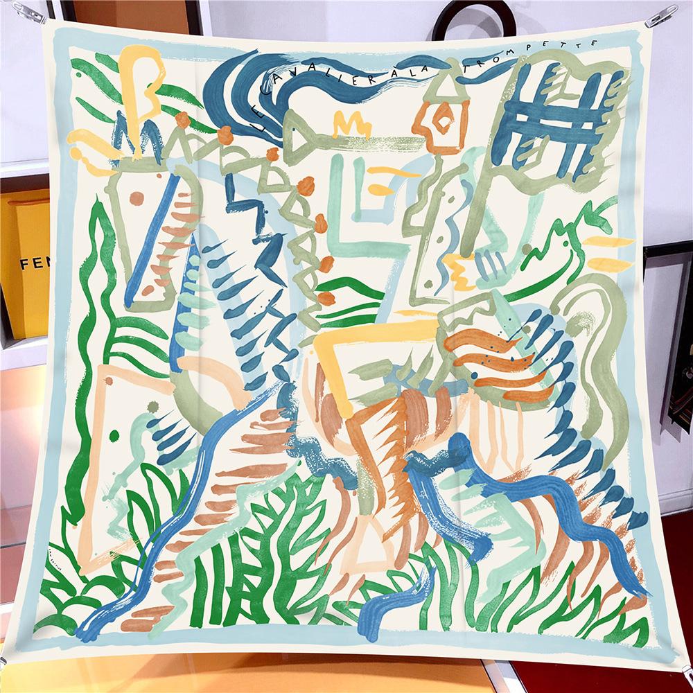 New 90Cm Twill Silk Scarf Shawl Luxury  Graffiti Horse Print Square Scarves Women Hijabs Bandana Silk Foulards Neckerchief