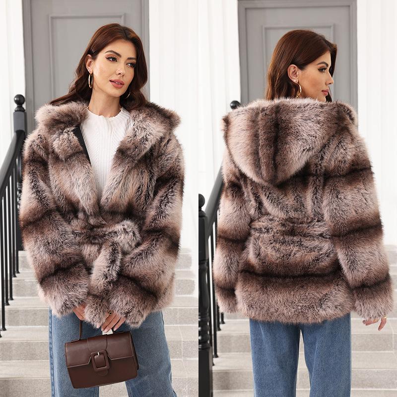 Giacca con Cappuccio e Cintura in Pelliccia da Donna Invernale Versatile Abbigliamento da Donna, Pelliccia