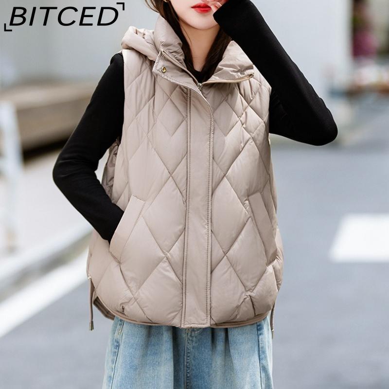 BITCED Women's Autumn/Winter Quilted Down Vest - Elegant Hooded Cotton Jacket, Short-Sleeved Waistcoat, Diamond-Quilted Vest