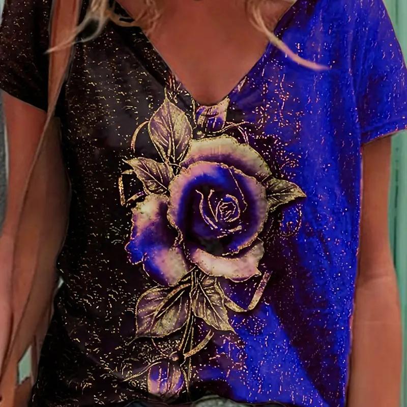 

Яркие цветы Живопись Блузки Короткие рукава V-образный вырез Футболки Повседневные 8XL синий