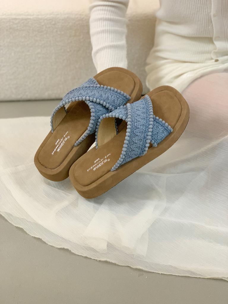 Thick-soled Cross-strapped Knitted Slippers Women's Outer Wear Summer Retro Niche Boken Shoes Open-toed Beach Vacation Cool Slippers