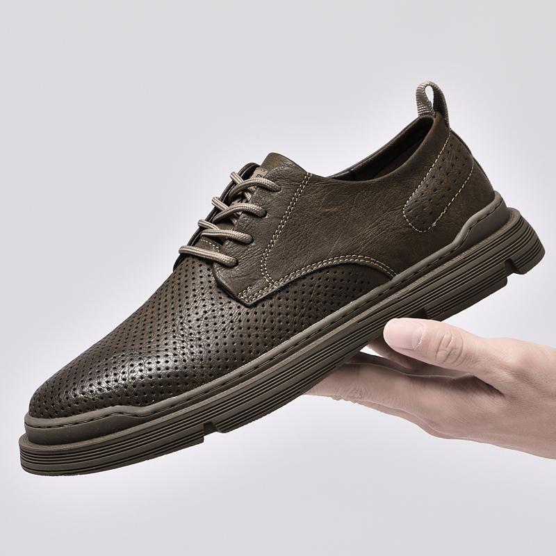 Men's Uniform Dress Oxford Shoes Punching Leather Lace Up Low-top Summer Breathable Male Round-toe Casual Leisure Business Shoes
