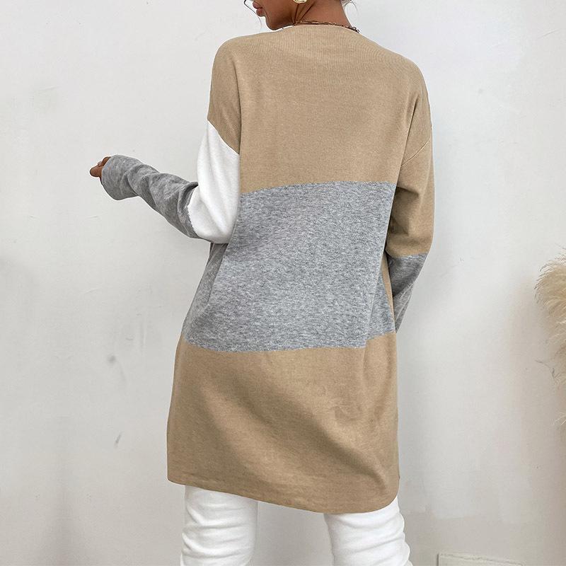 Temperament and Elegance Outer Wear Autumn and Winter Fashion Knitted Long-sleeved Colorblocked Sweater Cardigan Women