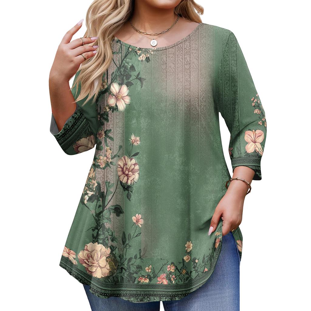 Top Moda da Donna Stampa Floreale Taglie Forti Manica 3/4 Orlo Arrotondato Girocollo