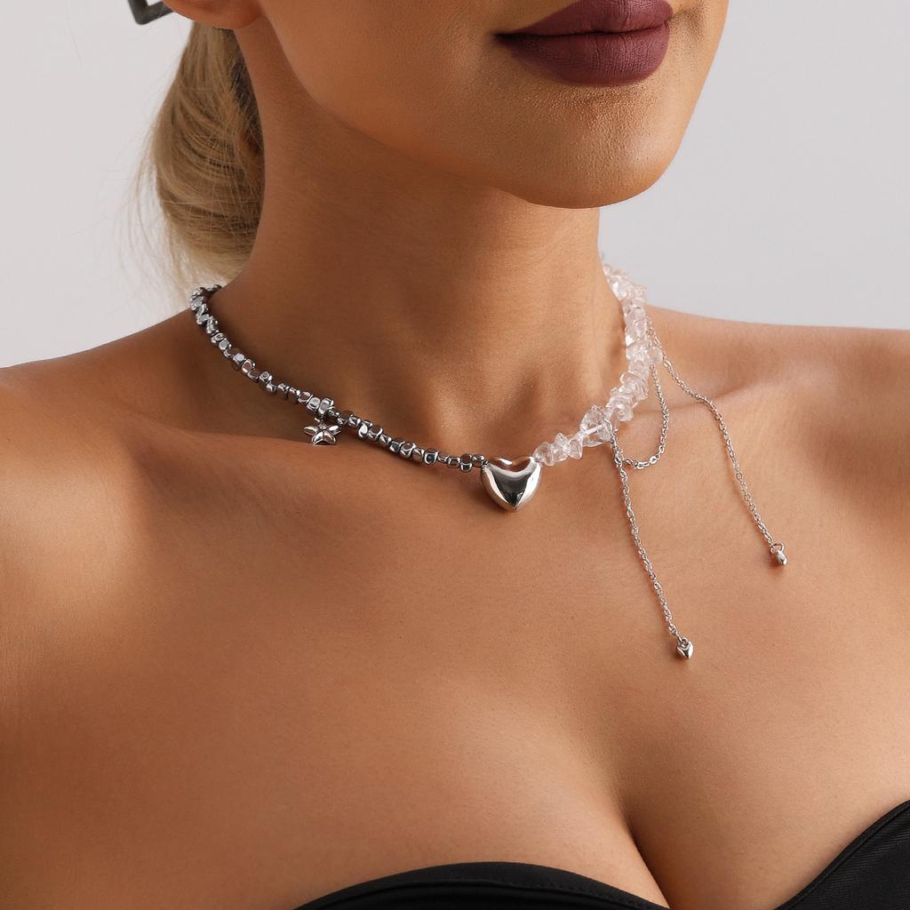 Fashionable Heart Pendant Necklace with Starfish Tassels Stylish Beaded Women Clavicle Chain Casual Outfit Accessory
