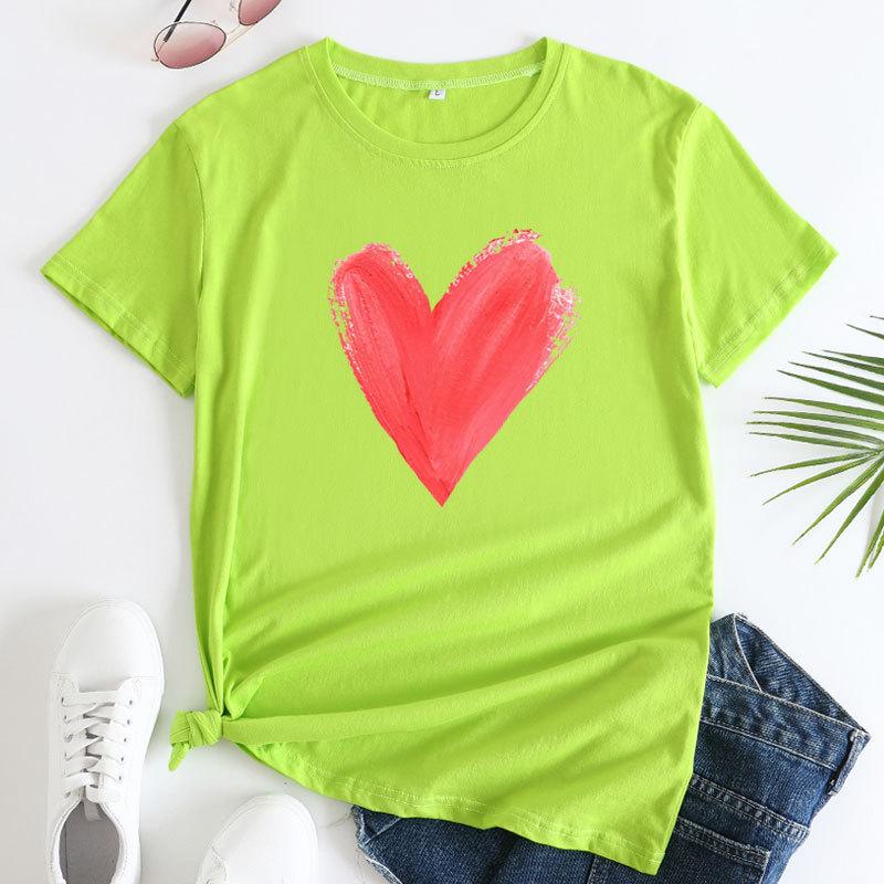 Summer women's plus size heart-shaped printed pure cotton loose round neck short sleeved T-shirts Women's