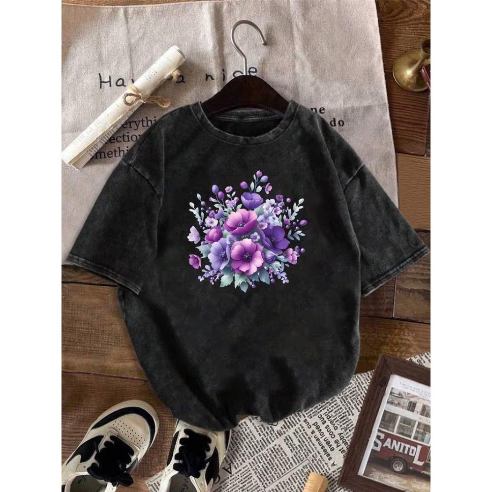 Colorful Floral Graphic T-shirt, Vintage Washed Women's Top, Loose Round Neck,Daily Casual & Travel Basic Short Sleeve Daily Wear Cool Top