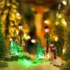 Christmas Village Scene Tree Snowman Resin Ornament With LED Lights Animated Street Lamp Statues Figurine Holiday Desktop Decor