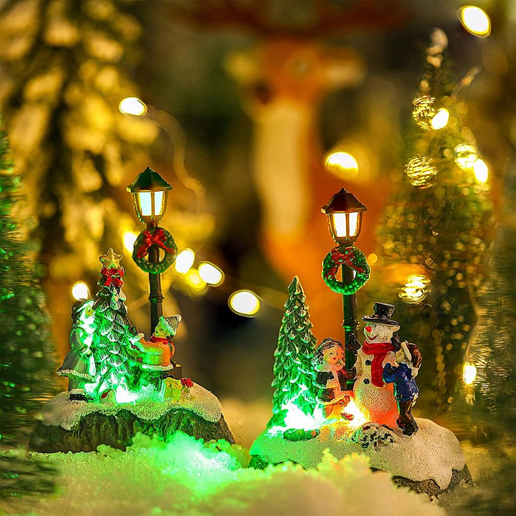 Christmas Village Scene Tree Snowman Resin Ornament With LED Lights Animated Street Lamp Statues Figurine Holiday Desktop Decor