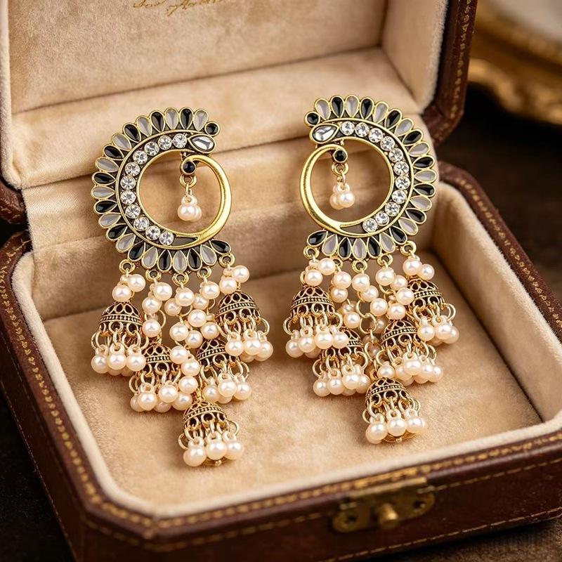 Retro Peacock Luxury Ethnic Style Personality Exaggerated Earrings Pearl Bell Fringed Earrings Women