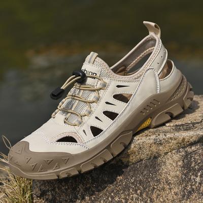 Summer Men's Sandals Hollow Leather Beach Sandals Toe Cap Outdoor Sports Shoes Handmade Mesh Shoes