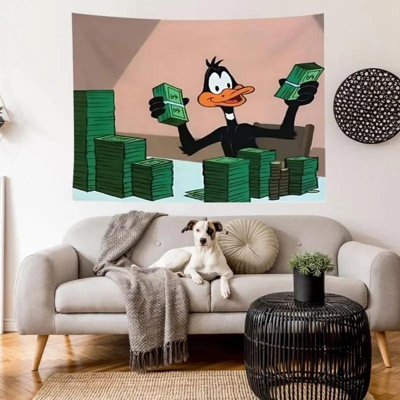 Daffy Duck Money Tapestry Retro Cartoon Funny Wall Hanging Polyester Trendy Room Decor for Bedroom Dorm 100X70CM