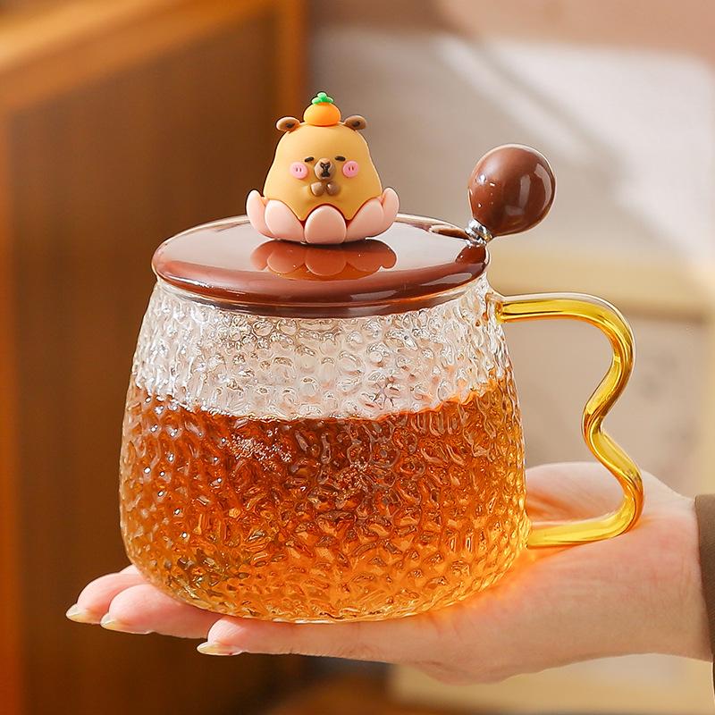 Capibara glass cup high temperature resistant mug with lid spoon summer cup girls home breakfast