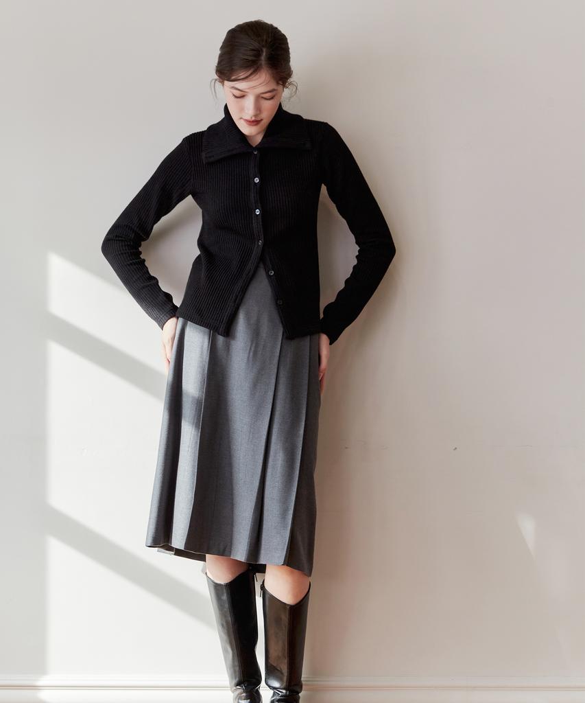 Bye Bye Seop Tuck Pleated Wool Midi Skirt Black [T44]