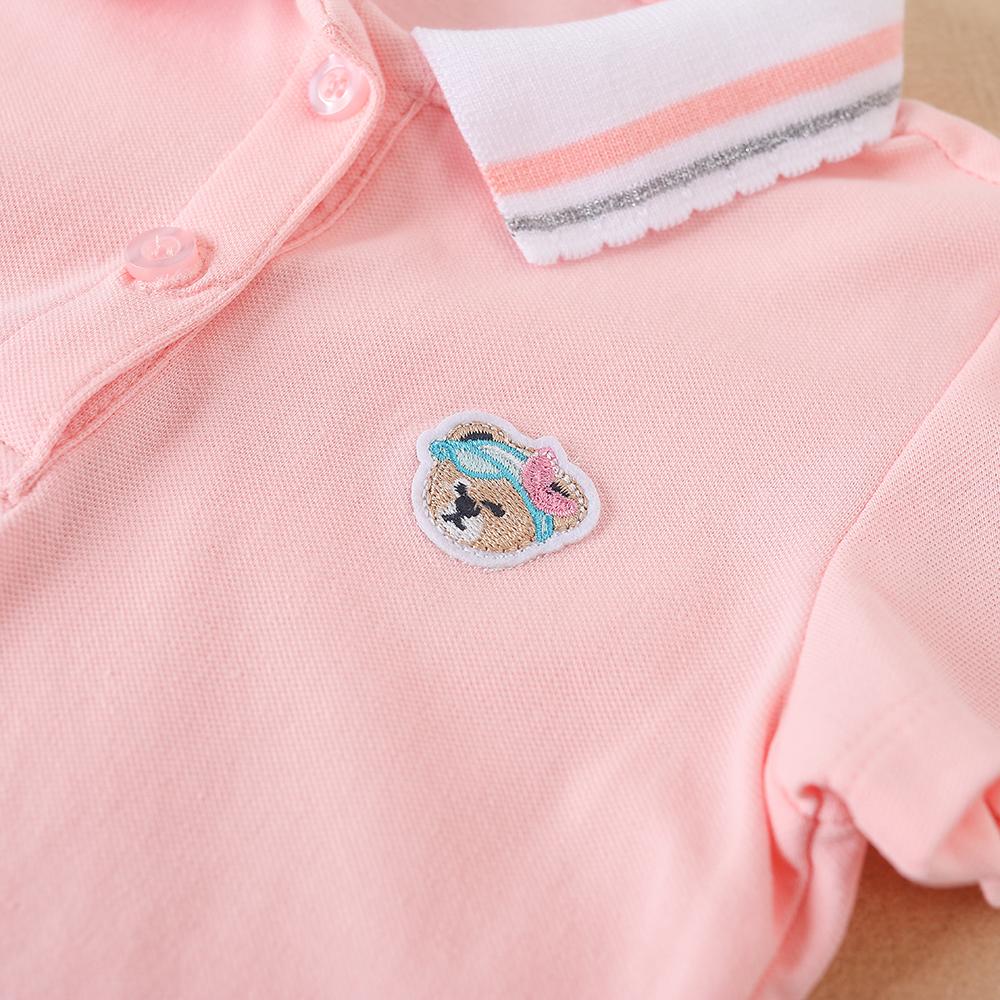 Toddler Girls 2024 New Summer Short Sleeves Kids Clothing Baby Girls' Cartoon Patched Striped Trim Polo Shirt