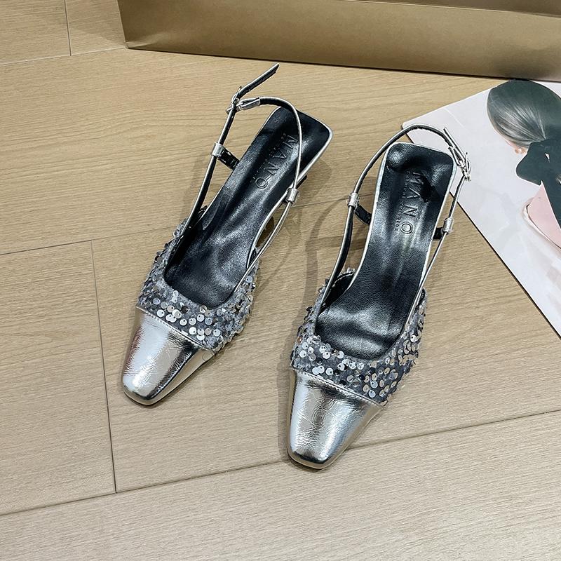 Fashion Women's Stiletto Sandals Summer New Square Head Sequin Cloth Line with Anti-slip Wear-resistant Low Heel Shoes