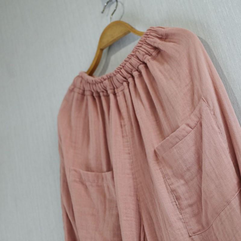 Johnature Pantaloni Larghi Vintage da Donna Primavera Vita Elastica Morbidi Larghi Pantaloni Monocolore Tasche Pantaloni Femminili