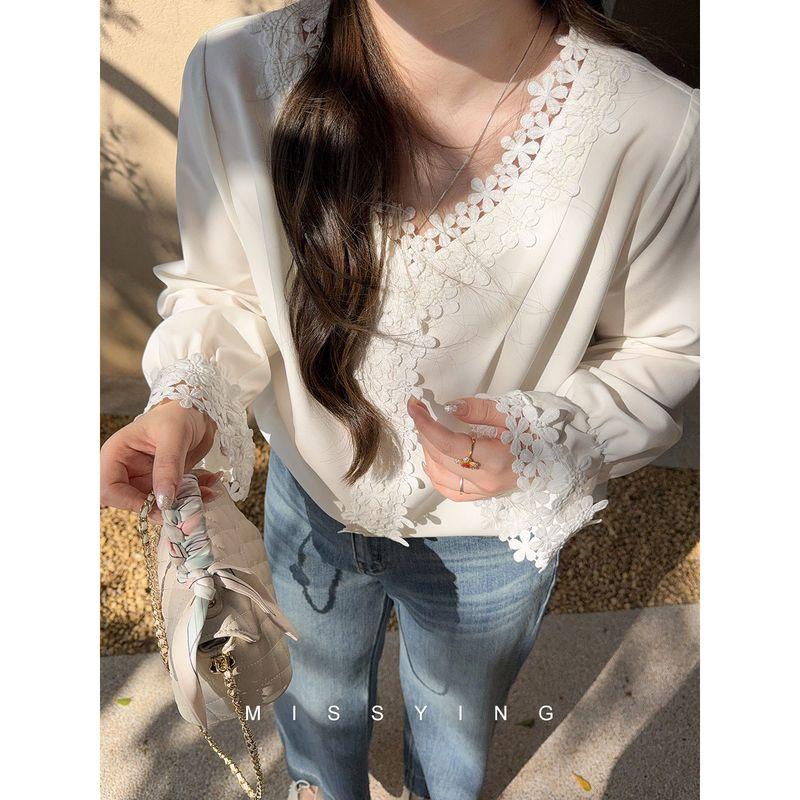 

Miss Ying s Plus-Size Women s Clothing [Rainy Day Orchid] French V-Neck Lace Shirt, New Spring Style White Long-Sleeved Top White 4XL(Suitable for 90-97.5kg Card Size)