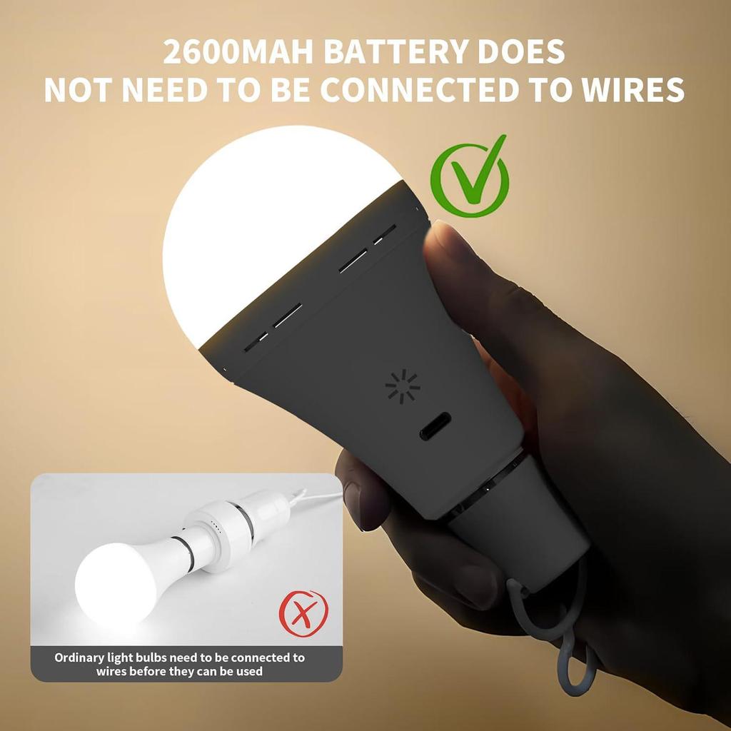 Rechargeable E26 Light Bulb with Remote Control and Three-Color Dimming for Wall and Table Lamps, No Power Source Required.