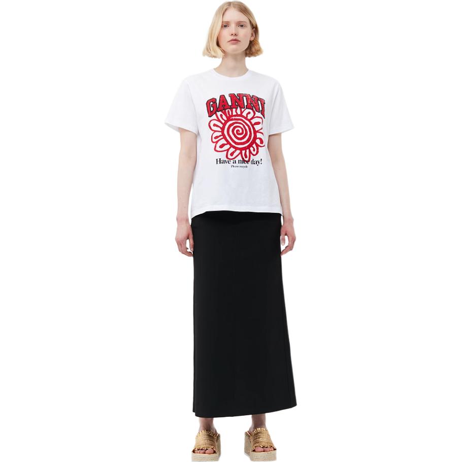 Ganni Floral Letter Print Round Neck Short Sleeve T-Shirt Women tops White T3688-151