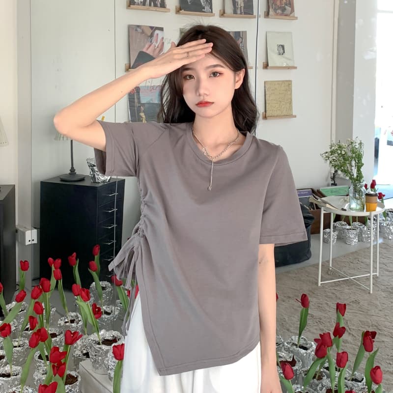 Tricouri de vară solide neregulate pentru femei, tricou cu mânecă scurtă și guler O, casual, Slim, elastic, cu șnur, y2k, crop topuri, haine pentru femei