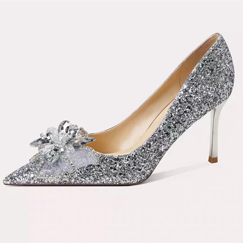 Large size French high heels heroine wedding banquet rhinestone bow wedding shoes temperament pointed sequins single shoes