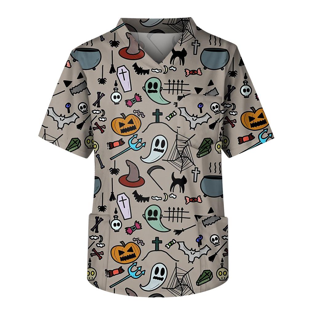 Plus rozmiar Halloween drukowane szorowanie jednolite topy robocze dla mężczyzn krzyżowy dekolt w serek z krótkim rękawem zabawne t-shirty odzież robocza Tee z kieszeniami