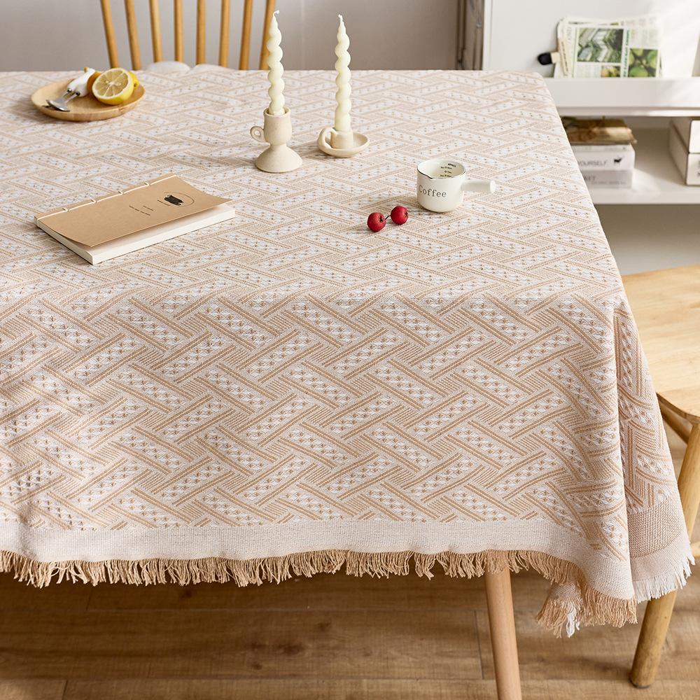Französische Creme Baumwolle Leinen Tischdecke Waffelstruktur Rechteckig Esstischdecke Quastenrand Waschbar Bauernhaus Küche Couchtisch Abdeckung Dekoration