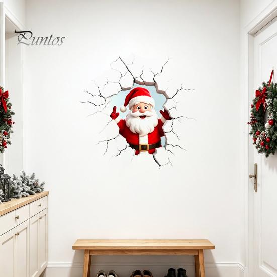 Holiday Home Beautification Supplies 3D Santa Claus Wall Sticker, Realistic Breaking Decal for Christmas Decoration, Glass Clings Waterproof