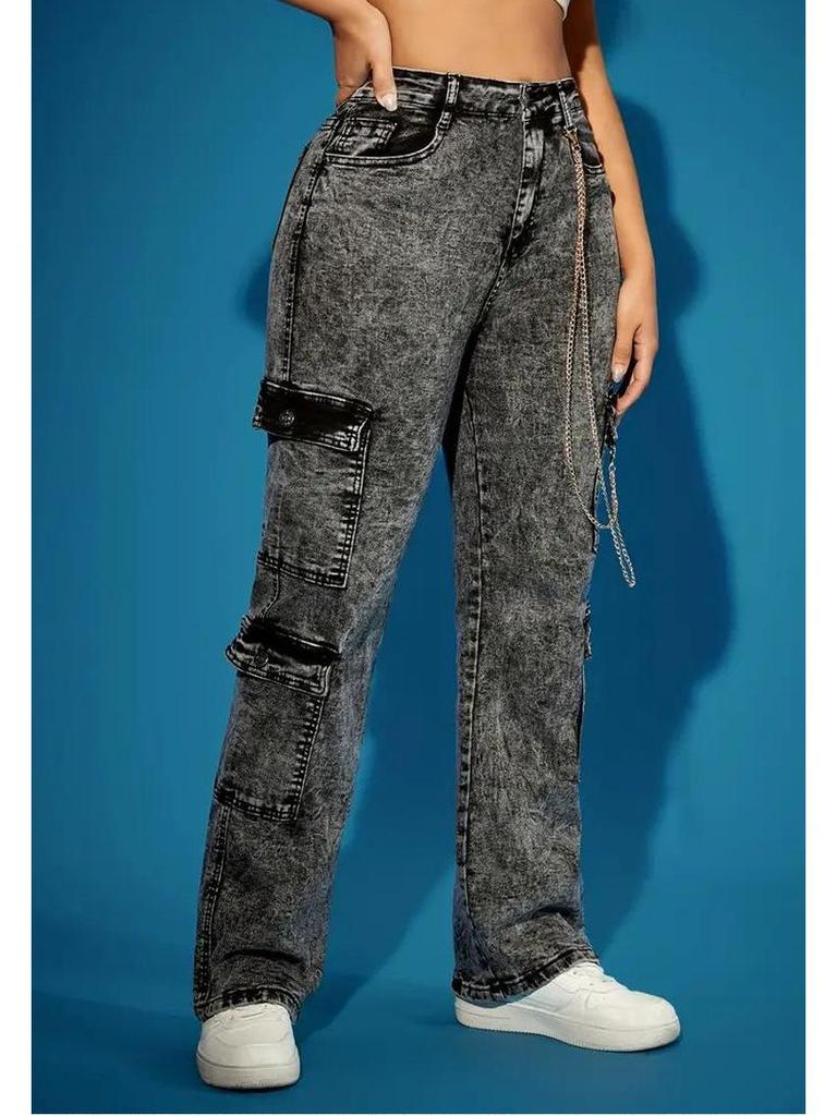 European & American Fashion Multi-Pocket High Elastic Denim Chain Work Pants