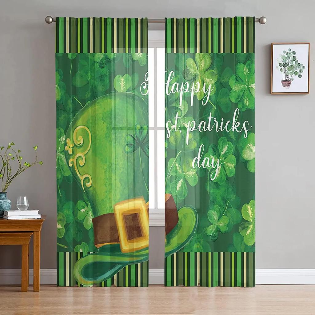 St Patrick Day Curtains Shamrocks Gold Beer Hat Voile Curtain Green Lucky Leaves Window Drapes Bedroom Living Room Sheer For Area Made Of Polyester