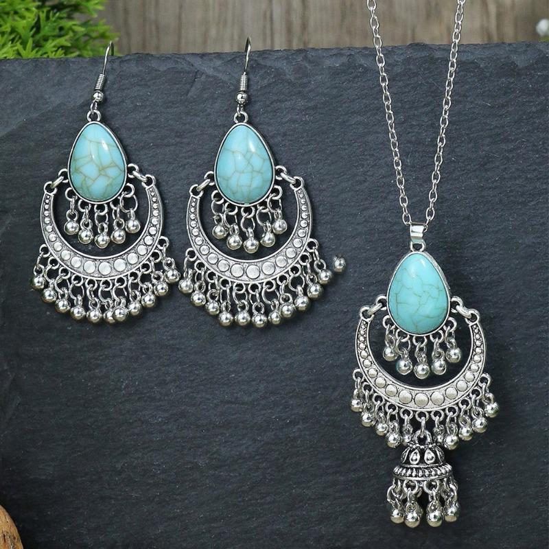 GemChic Women's New Classical Ethnic Alloy Hollow Bell Tassel Pendant Necklace Earrings Two Piece Set Birthday Christmas Jewelry Gift